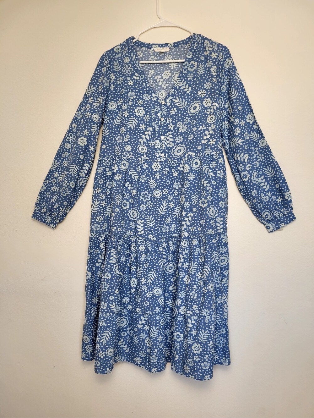 BeachLunchLounge Blue White Floral Tiered Midi Dress Size S